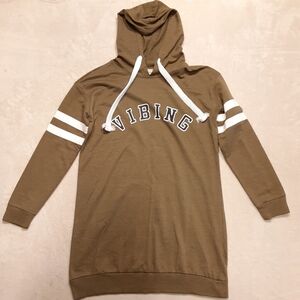 No Comment Womans Olive Green Terry Hoodie Dress M Drawstring "VIBING" Striped